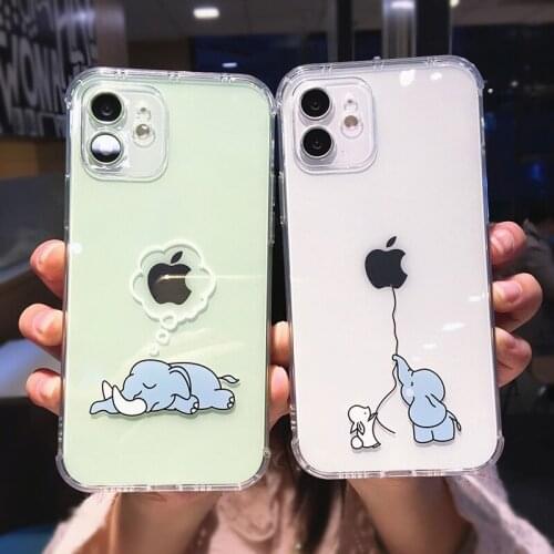 Cute Cartoon Elephant Shockproof Phone Case For iPhone 11 12 Pro Max XR XS Max X 7 8 Plus Soft Bumper Clear Square Back cover
