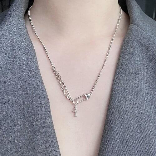 S925 Sterling Silver Necklace Cross Flower Stand Pin Ins Cold Wind Fashion Personality Niche Retro Necklace Female