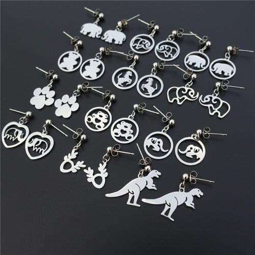 Animal Stainless Steel Earrings Dinosaur Foot Print Bear Horse Elephant Moose Earring Jewelry Wholesale 12 pairs/lot Mix Styles