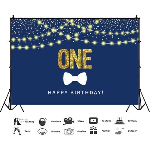 One Year Old Blue Hanging Lamp Bow Backdrops Artistic Photos Background Decorations for Kids Birthday Party Photography Props