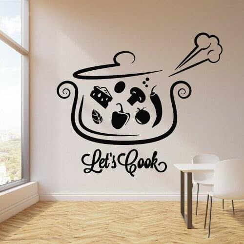 Kithen Quote Vinyl Wall Decal Phrase Lets Cook Pan Soup Food Kitchen Wall Stickers for kithen Wall Decor Removable Mural C698