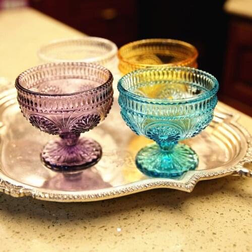 NEWYEARNEW 1piece 300ml Ice Cream Cup Vintage Relief Taiyanghua Glass Fruit Cup Grocery