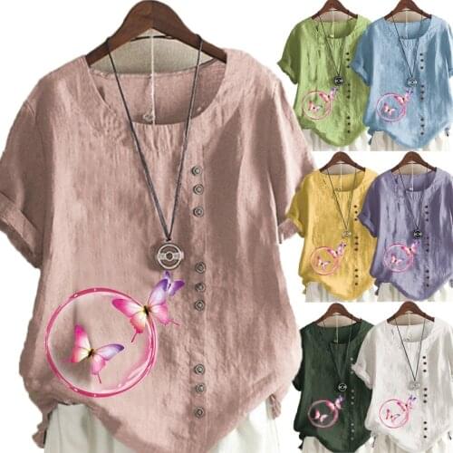New Fashion Womens Butterfly Printed Short Sleeve Round Neck Blouse Tops Casual Linen T-shirt Plus Size
