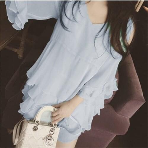 Spring Womens Shirt Off-Shoulder V-neck Super Five-point Sleeve Student Chiffon Loose Top Western-style Sexy Bottoming Shirt