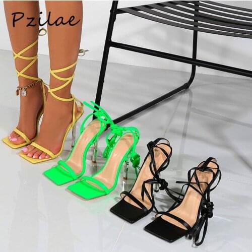Pzilae 2021 Summer Woman Sandals Fashion Cross-Tied High Heels Shoes Sexy Lace Up Party Pumps Shoes Green Black Size 35-42