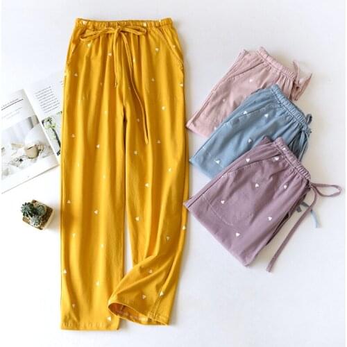 Womens Four Seasons Long Trousers Knitted Cotton Cute and Sweet Little Love Printed Home Pajama Pants Women Lounge Pants