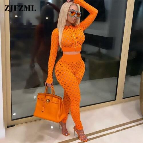 Women Fitness Two Piece Matching Set Club Outfit Hollow Out Long Sleeve Zipper Crop Top and See Through Slim Pant Female Suits