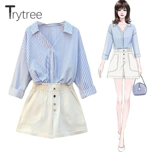 Trytree Summer Autumn Women two piece set Casual Turn-down Collar Stripe Loose Shirts + Shorts Solid Fashion Set 2 piece set