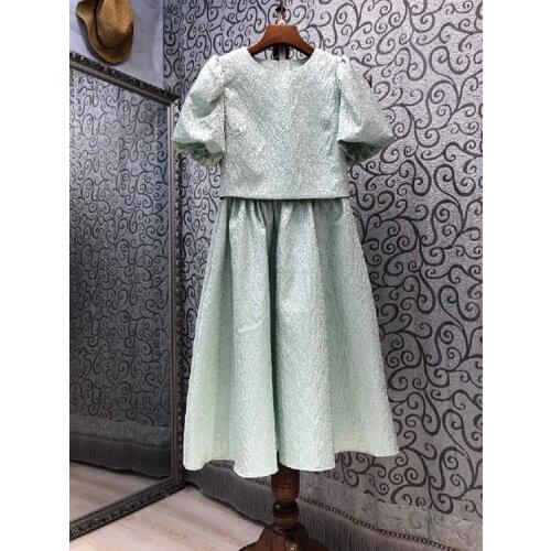 Top Quality Womens Set 2021 Summer Skirt Suits Ladies Vintage Jacquard Print Tops Blouse+Elastic Waist A-Line Skirt Sets 2pc