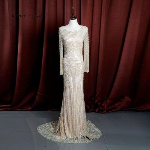 Lemon joyce Champagne Evening Dresses Long Sleeves 2020 Formal O-neck Full Beading Prom Party Gowns robe de soiree