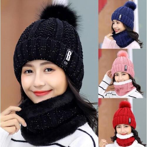 Winter Women Thick Knitted Beanie Hat Plush Neck Gaiter Scarf Outdoor Riding Set Warm Keeping Soft шапка женская 2020