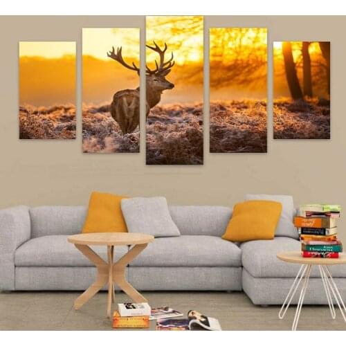 5 Pieces Nordic Poster Deer in Grass Sunset Landscape Canvas Painting For Living Room Modern Wall Artwork Cuadros Home Decor