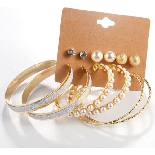 6Pairs/Lot Punk Crystal Stud Earrings Set For Women Vintage Fashion Simulated-pearl Big Circle Brincos Aros Jewelry