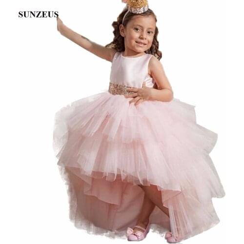 Pale Pink High Low Ruffles Tulle Flower Girl Dress 2020 New Party Gowns Short Front Long Back Children Dress With Sequins FLG020