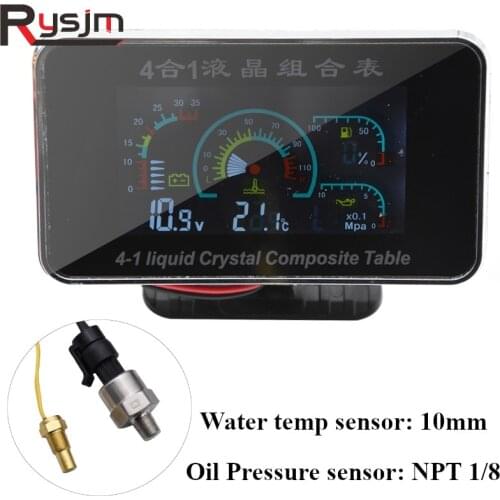 10mm Water temp sensor+1/8 NPT Oil Pressure sensor Digital LCD Car Voltage+Oil Pressure+Water Temperature+Fuel gauge 12V / 24V