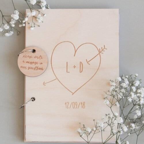 Wood Engraved Guest Book,Wedding Heart Initials Guestbook,Personalized Monogram Photo Guest Book,Unique Rustic Wedding Decor