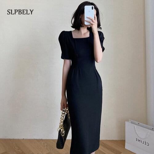 SLPBELY Women Elegant Black Dress Summer French Retro Square Collar Puff Sleeve Sexy Fairy Night Slim Party Pencil Dresses 2021