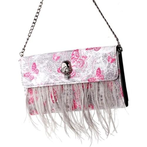 FB90022 Show Story Womens Girls Punk Skull Feather Gems Design Fashion Outdoor Evening Clutch Handbag Bag