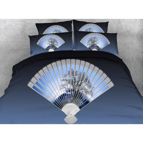 JF-139 Chinese Traditional Fan with Winter Tree print duvet cover double blue