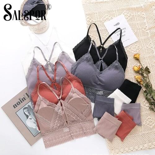 SALSPOR New Underwear Sets Lace Sexy Hollow Out Back Breathable Crop Top Bra Seamless Wireless Sleep Bra Set
