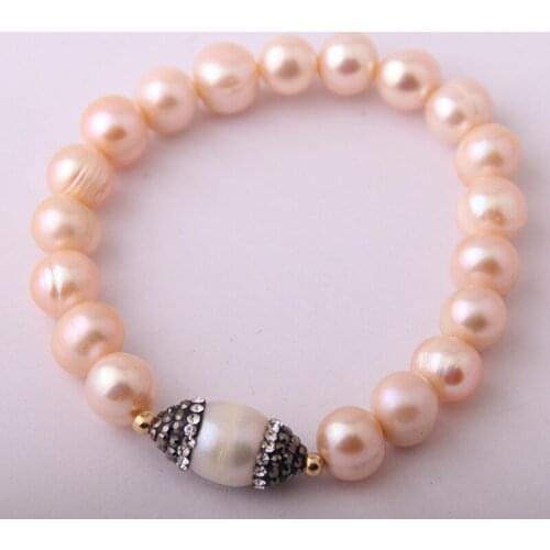 Fashion Pink Freshwater Pearl Strand Bracelet With Pearl Crystal Bracelet