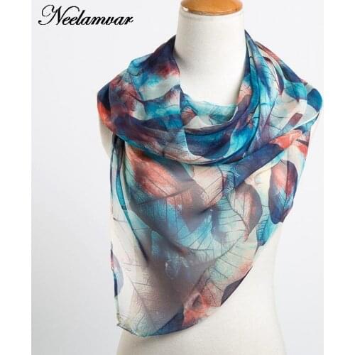 Neelamvar fashion leaves printing long georgette scarf women silk scarves new 2019 Autumn Winter girls shawl echarpe from india
