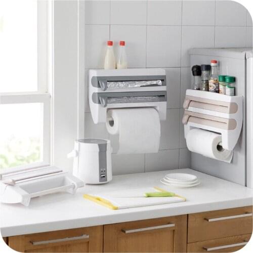 Organizer Wall-Mount 4 In 1 Paper Towel Holder Film Cutter Mutifunction Kitchen Tin Foil Rack Sauce Bottle Storage Rack