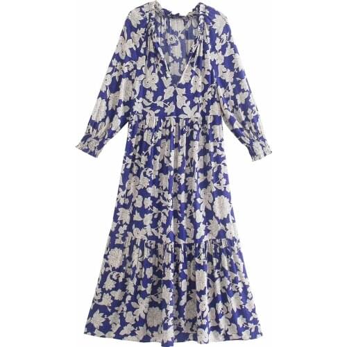 New Women Vogue Pleated Floral Printed Midi Dress Three Quarter Sleeve V-Neck Vintage Female Dresses Woman Robe