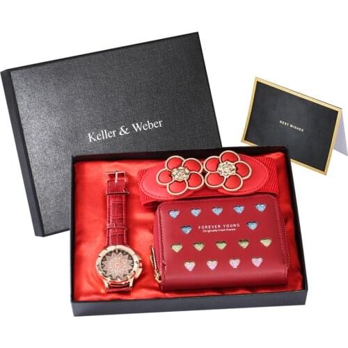 Top Luxury Women Watches Flowers Belt Zip Wallet Superior Set Stylish Dress Watch Casual Leather Quartz Clock Gift Set for Women