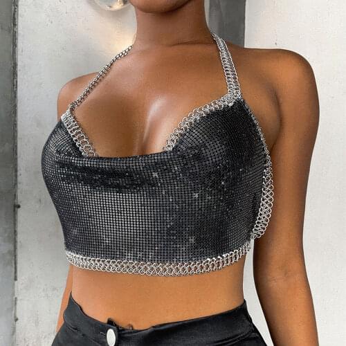 Sexy vintage y2k black Metal chain halter sequin crop top women summer beach party night club corset backless ladies tops 2021