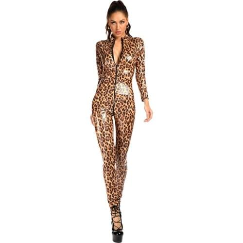 Sexy Wetlook Patent Leather Leopard Bodysuit Costumes with Zipper Crotch For Night Club DS Party Vinyl Leather
