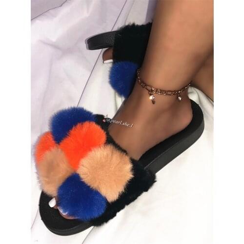 Fur Slippers Women Faux fox fur Slides Home Furry Flat Sandals Female Cute Fluffy House Shoes Woman Brand Luxury 2021