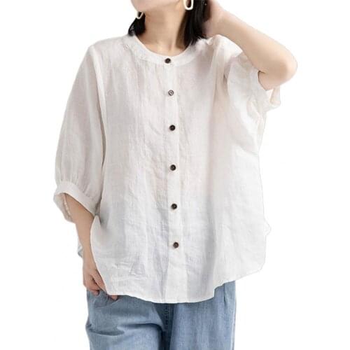 Women Shirt Button Placket Breathable Vintage Ladies Lantern Half Sleeve Blouse Summer Casual T-Shirts Top Tees Women Clothing