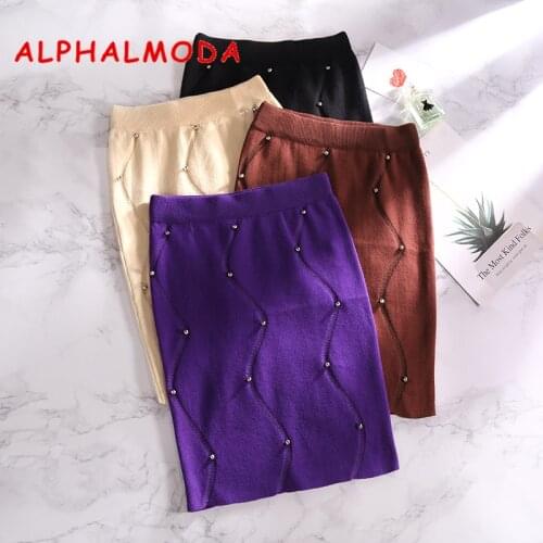 ALPHALMODA Tidy Beaded A-line Knitting Skirt Women 2018 Autumn Winter Trendy Curving Line Crystal Solid Knit Skirt