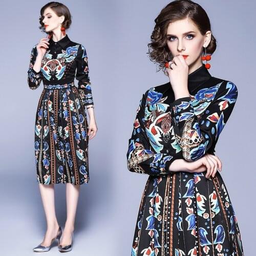 New Spring Summer Fall Runway Floral Print Collar Long Sleeve Button Front Women Ladies Party Casual Beach A-Line Midi Dress