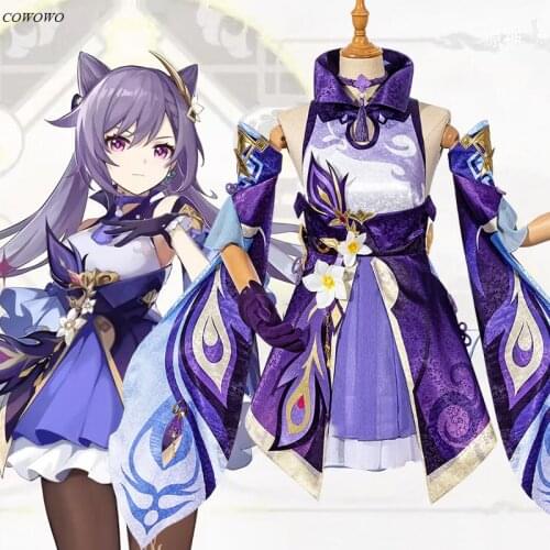 Anime! Genshin Impact Keqing Game Suit Lovely Dress Uniform Cosplay Costume Halloween Party Outfit For Women XS-XXL 2021 NEW