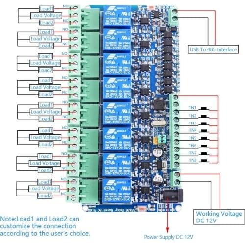 DC 12V Modbus RTU RS485 TTL 8 Channel 8CH Relay Module UART Switch Controller 8 Way Output Input for PLC PTZ Camera Motor