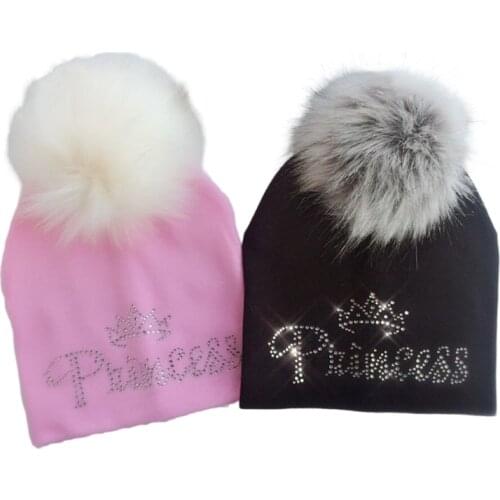 Infant princess crown diamond embroidery flowers baby cotton raccoon Faux Fur pompom diamond hat cap beanie for girl and boy