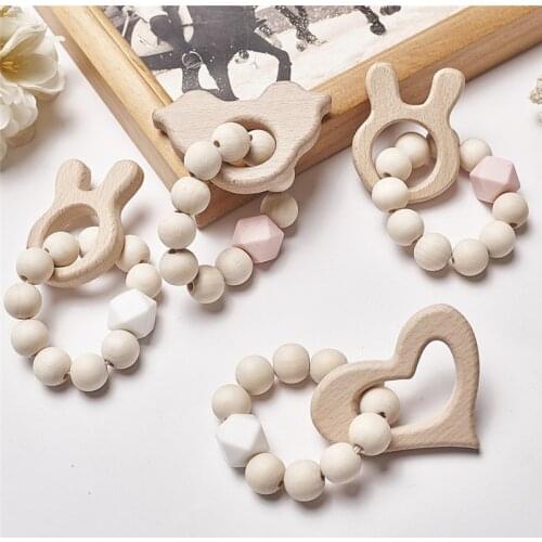 Baby Silicone Nursing Bracelets Wood Teether Silicone Beads Teething Wood Rattles Toys Baby Teether Bracelets Nursing Toys Gift