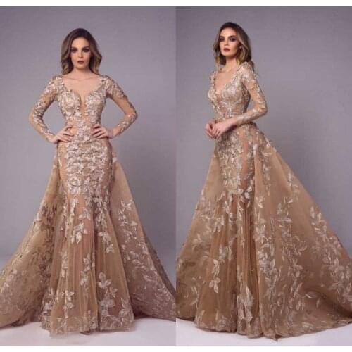 Elegant Champagne Mermaid Prom Dresses with Detachable Train Lace Appliqued Long Sleeve vestidos de gala Plus Size Prom Gowns