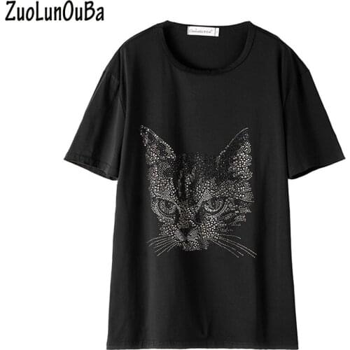 ZuoLunOuBa Summer Fashion T Shirt Womens Black Diamond Angry Cat Short Sleeve Loose Tees Tops
