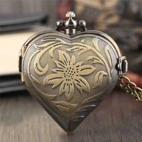 Classic Bronze Quartz Causal Pocket Watch Half Hunter Men Chain Copper Heart Women Watches Pendant Gift