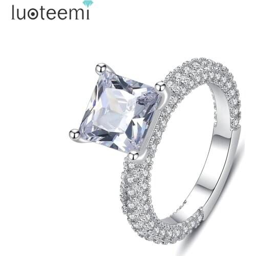 LUOTEEMI Ring for Women Square CZ Stone and Small Cubic Zircon Paved Wedding Engagement Rings Fashion Jewelry Christmas Gifts