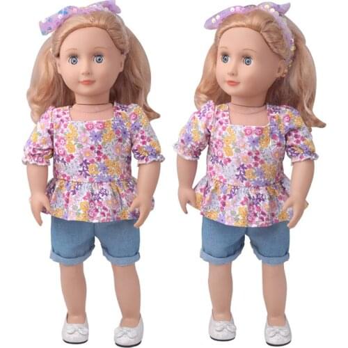 Summer New Pattern Square Neck Floral Short Sleeve Suit Fit 18 Inch American&43cm Baby New Born Doll Clothes Accessories