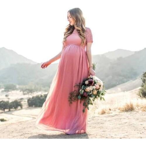 Short Sleeve Lace Chiffon Maternity Dresses for Photoshoot Pregnant Women Maxi Gown Dress Pregnancy Baby Shower Photography Prop