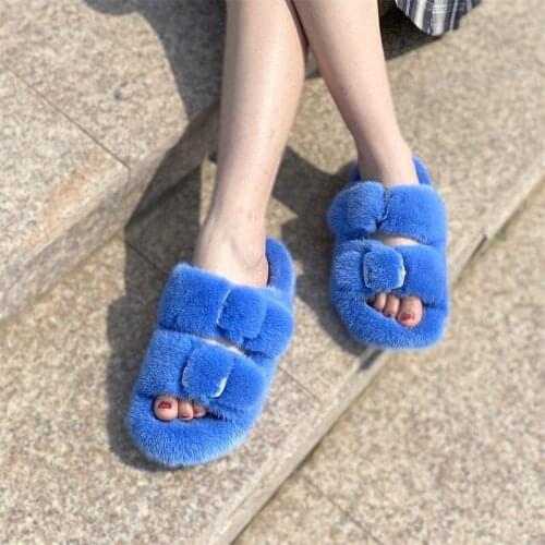 Fur Slippers Ladies Summer Fluffy Mink Fur Shoes 100% Mink Fur Slippers Ladies Sandals 2021 Home Slippers Girls Outdoor