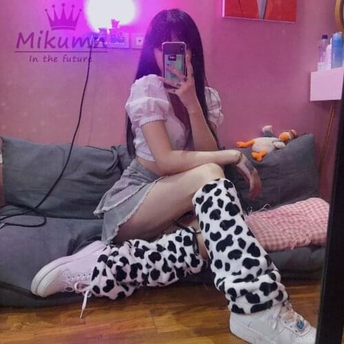 Japanese Harajuku Lolita Sweet Girl Cute Cow Print Leg Warmer Socks Kawaii Leg Cover Winter Fashion Streetwear