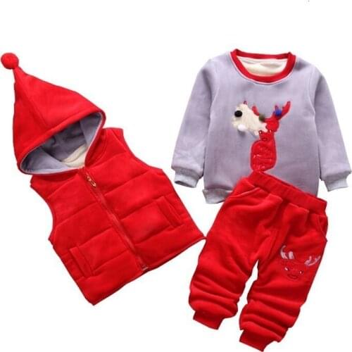 Fashion Baby Boys Girls Cartoon Deer Clothes Children Add Cotton Hooded Vest T-shirt Pants 3Pcs/Set Autumn Winter Kids Tracksuit