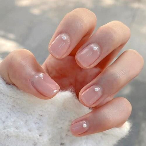 Fake Nails Short Skin Tone and Pearl Wear Nail Art Stickers Finished Nails 24 With Glue DL