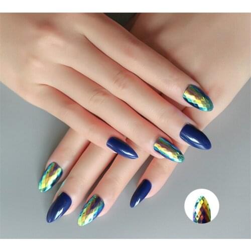 New 24Pcs/Set Blue Fish Scale False Nails 3D UV Gel Nail Art Tips Full Cover Glue Designed Fake Nails Beauty Tools